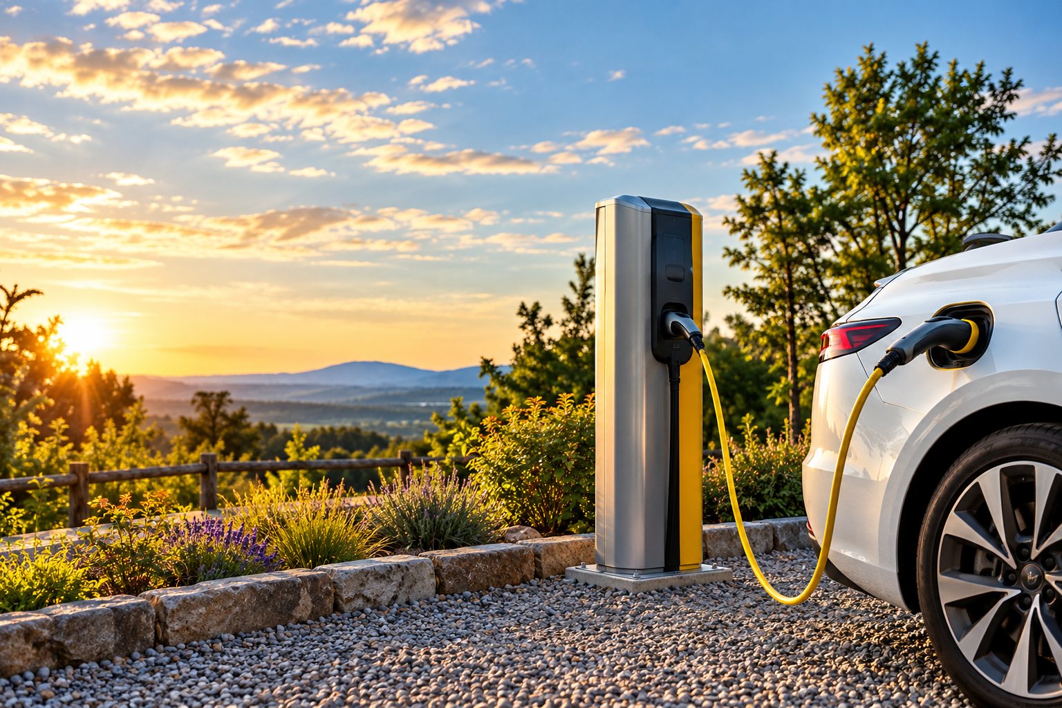 Une voiture électrique blanche est connectée par un câble à une borne de recharge, avec des collines et un ciel doré en arrière-plan.