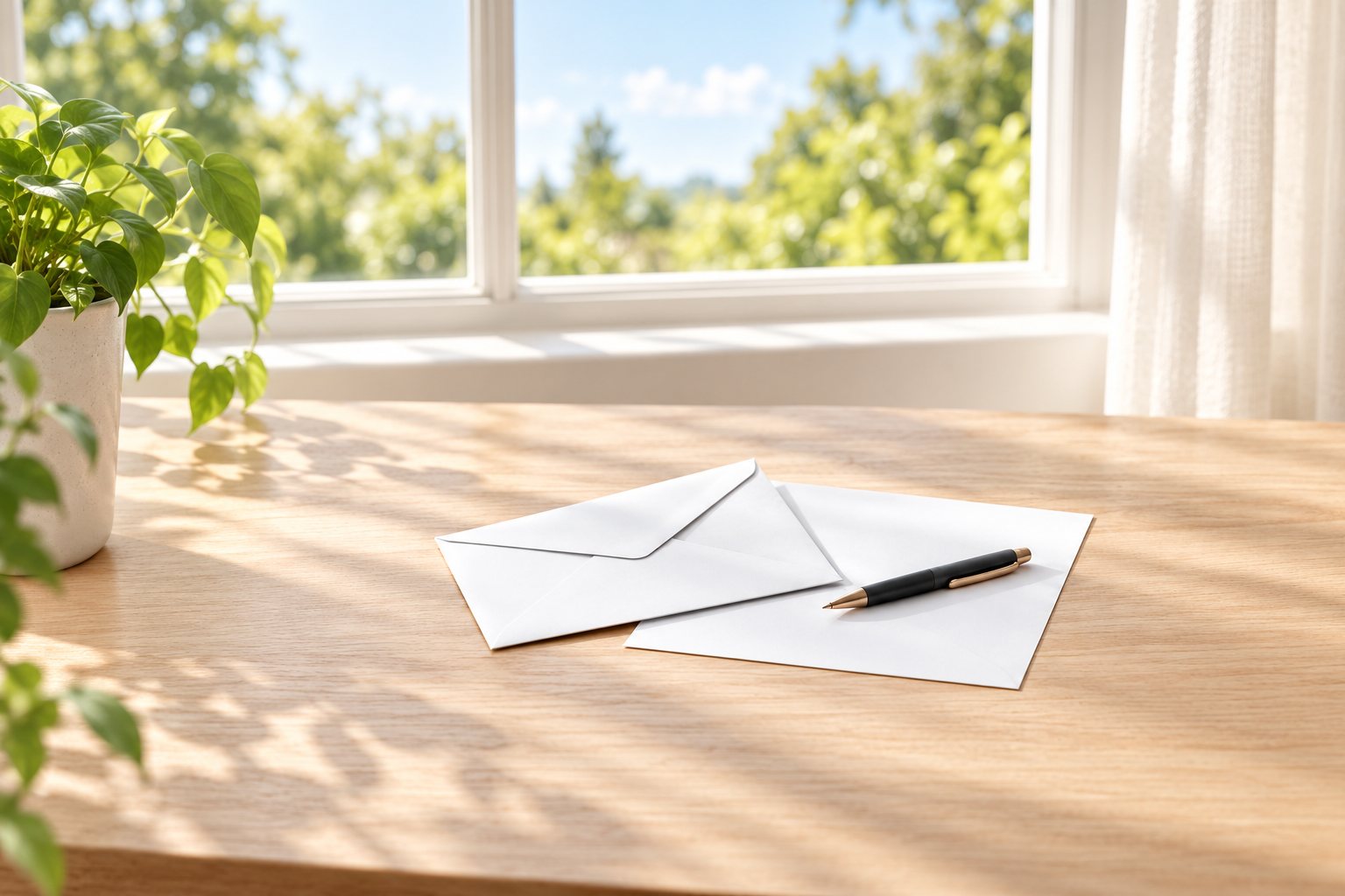 Une enveloppe blanche et une feuille de papier avec un stylo sont posées sur une table en bois clair.