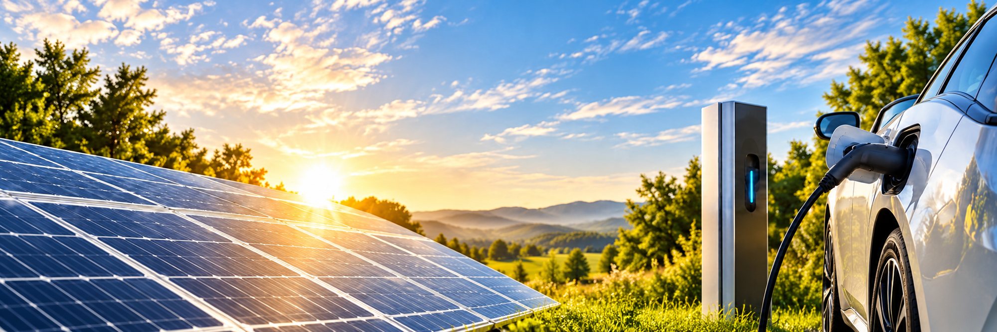 Des panneaux solaires au premier plan et une voiture électrique branchée à une borne de recharge, sous un soleil bas dans un paysage de collines.