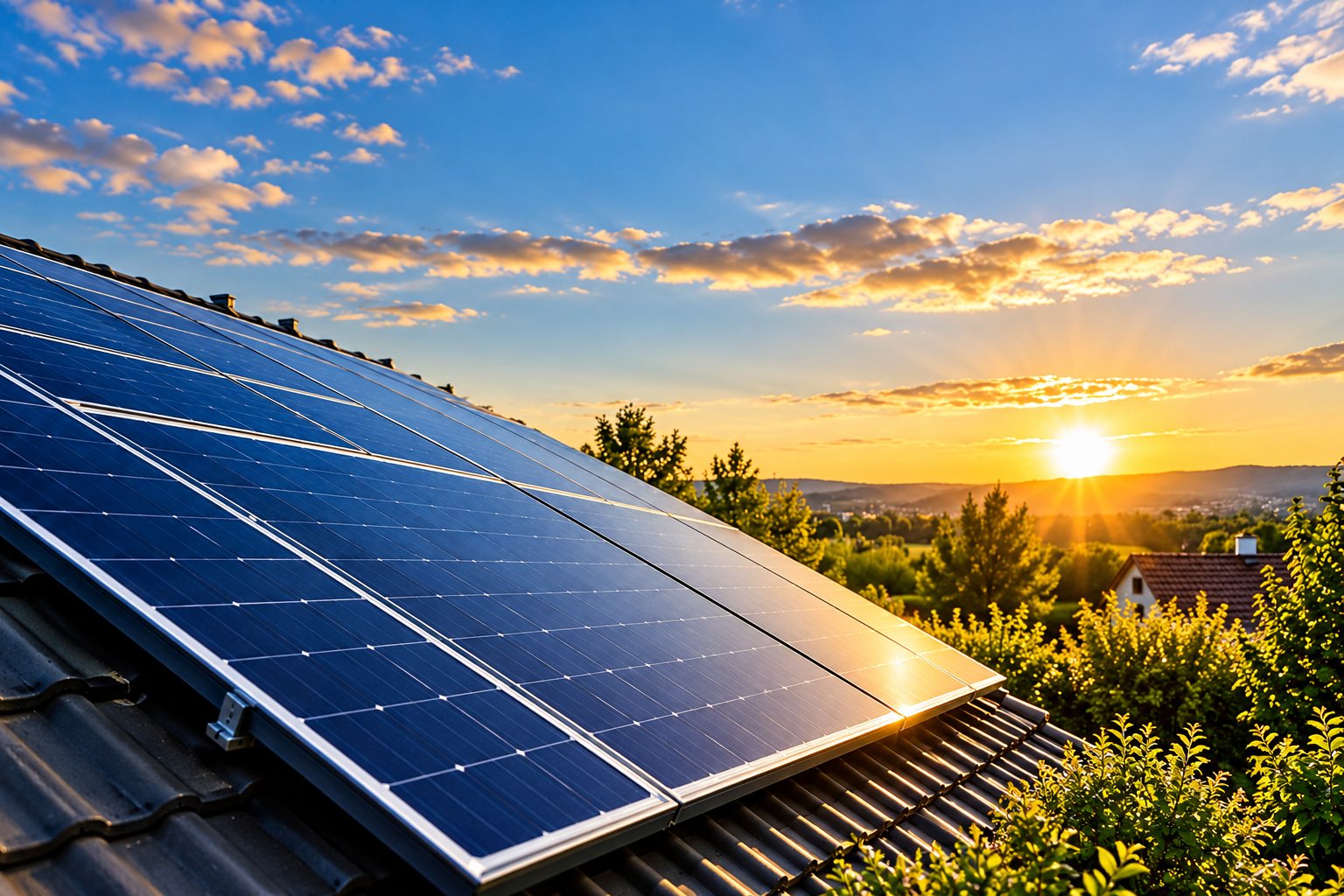Rangée de panneaux solaires bleus au premier plan, avec un soleil couchant doré sur des arbres et des collines au loin.